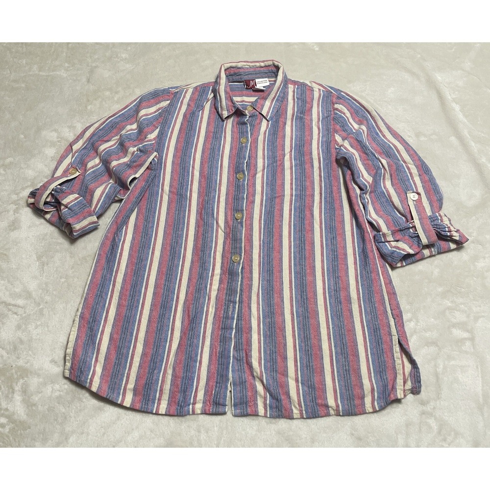 JM Collection Linen Shirt Womens 10 Multicolor Stripe Roll Tab Sleeve Blouse Top